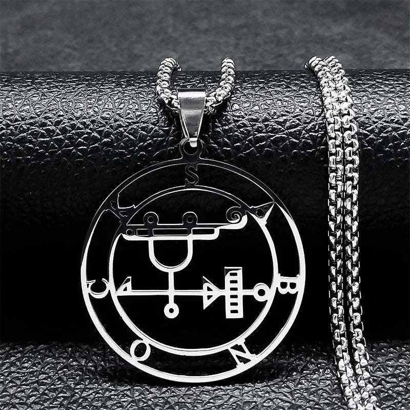 Stainless steel Satan necklace featuring Baphomet stamp design, with chain and laser-etched Sigil De Lucifer symbol.