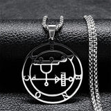 Stainless steel Satan necklace featuring Baphomet stamp design, with chain and laser-etched Sigil De Lucifer symbol.