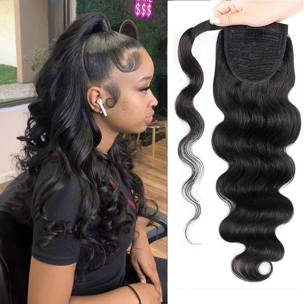 Water Wave Ponytail Extensions Human Hair Wrap Around Corn Wave Pony Magic Paste Brazilian Human Hair Extensions for Women