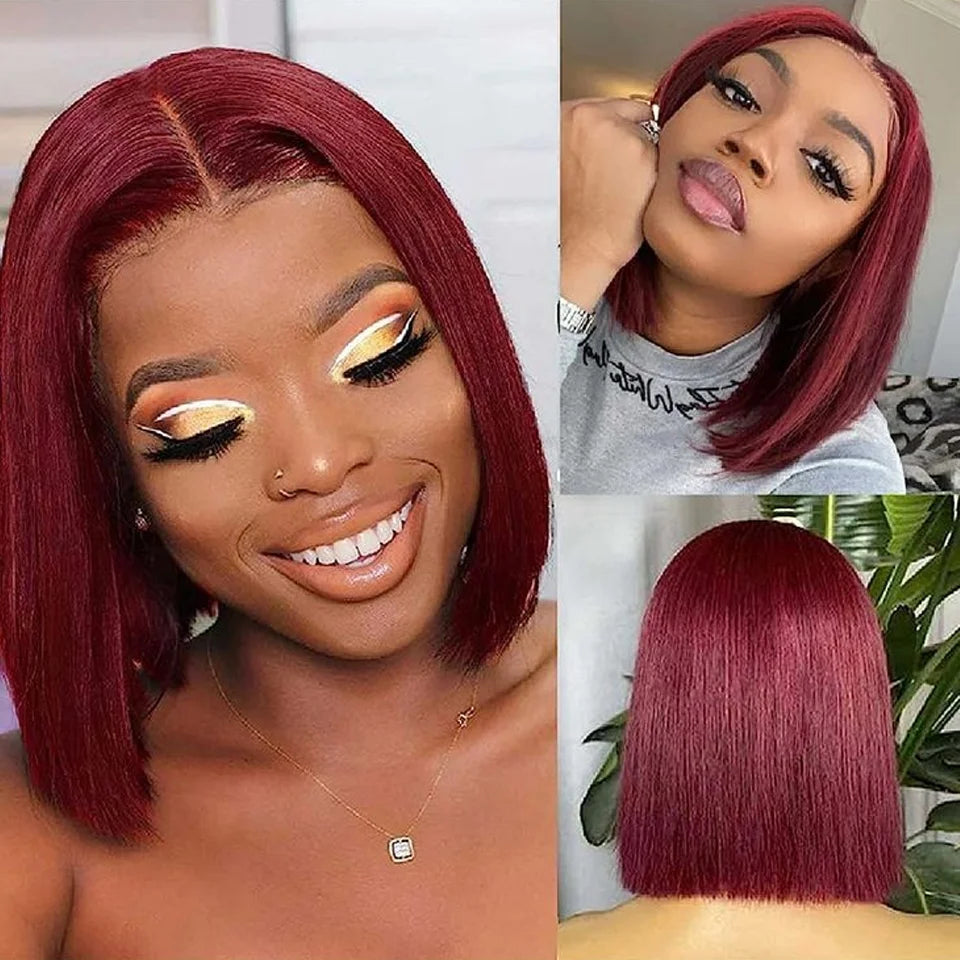Burgundy 4C human hair bob wig with 13x6 lace frontal, straight style, middle part, short length, 100% human hair.