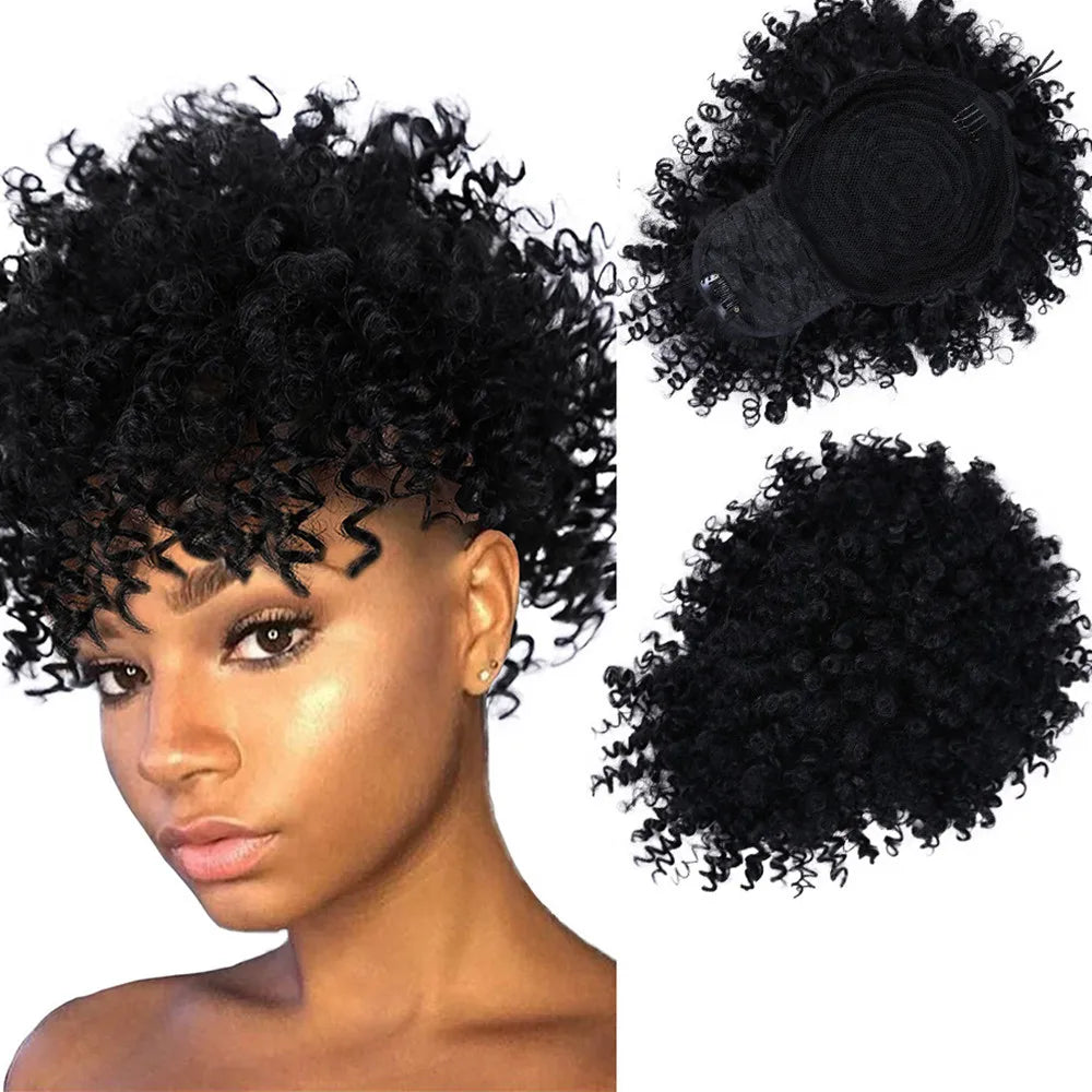 Afro puff kinky curly ponytail wig with bangs, drawstring synthetic hair extension for Black women by HSF Marketplace