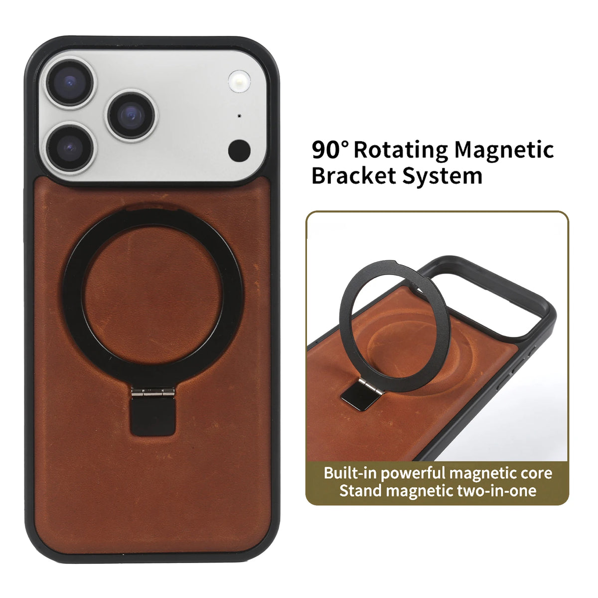 Genuine leather foldable bracket case for iPhone 18 Pro Max, shown from the front and side