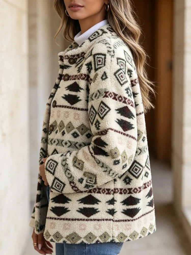 Women's winter fleece jacket with Aztec print by HSF Marketplace
