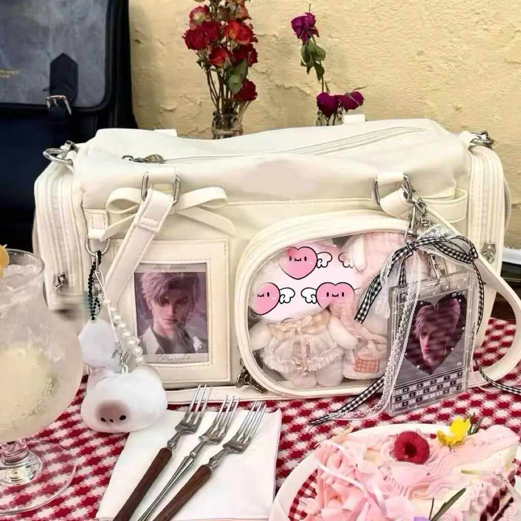 Y2K New Bow Ita shoulder handbag by HSF Marketplace, transparent comic-style crossbody purse with large capacity and cute DIY design.