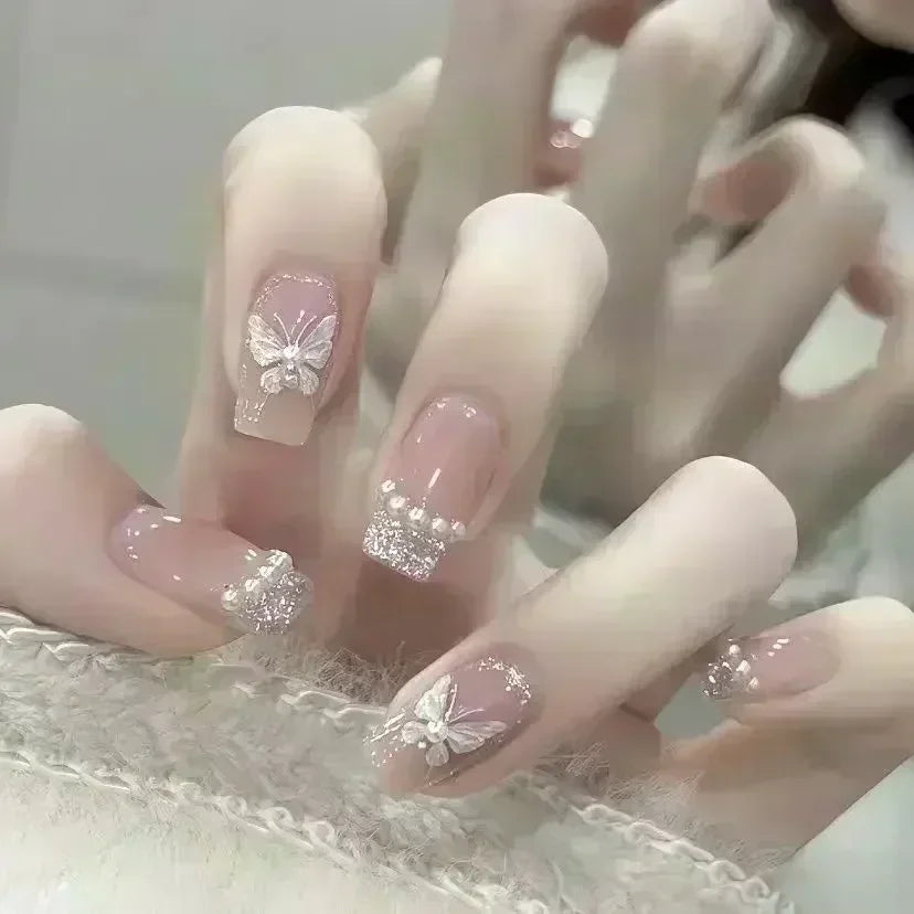 24-piece blush pink glitter diamond cat eye coffin press-on false nails by HSF Marketplace