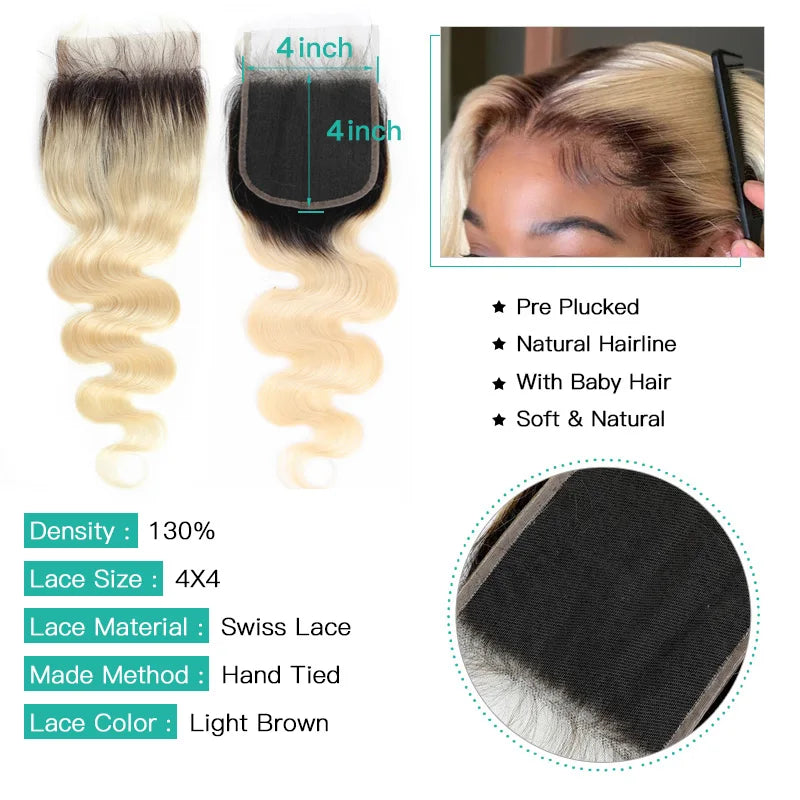 Monstar 1B 613 Blonde Ombre Bundles Brazilian Weave with 4x4 Closure 2/3/4 Bundles 8 - 32 Inch Remy Body Wave Hair with Closure