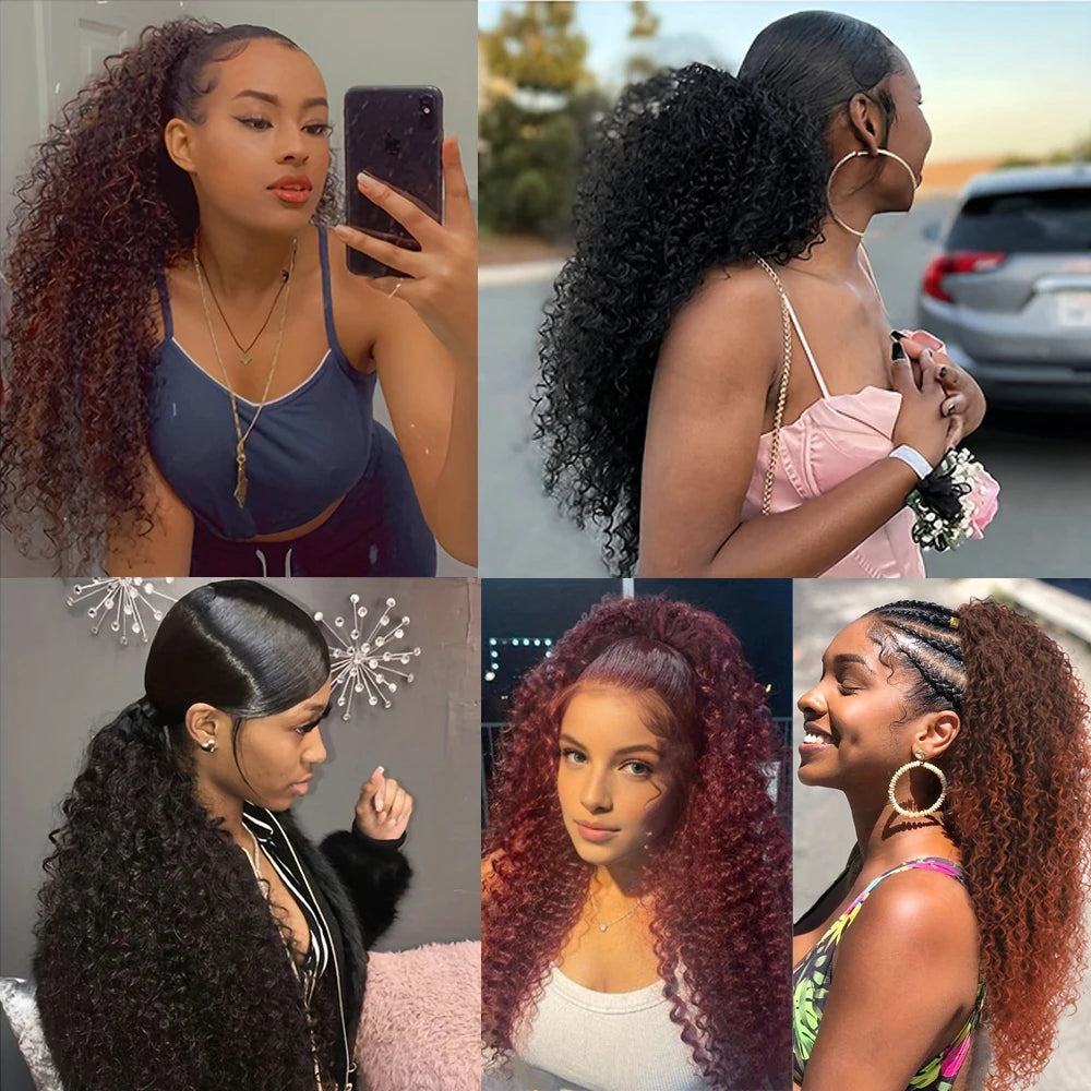 Kinky curly Brazilian virgin Remy human hair drawstring ponytail extension with clip-in hairpiece for women