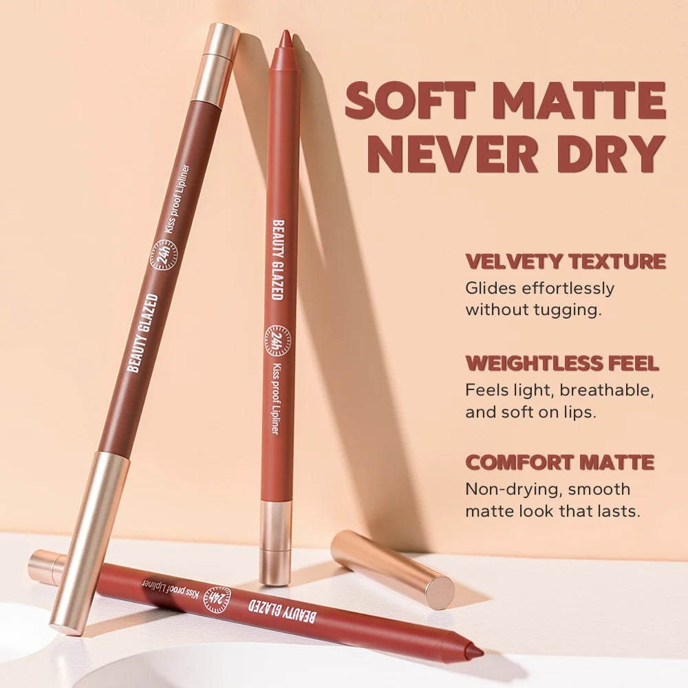 HSF Marketplace matte velvet lip liner pencil in 8 colors, long-lasting waterproof makeup with non-sticky matte finish.