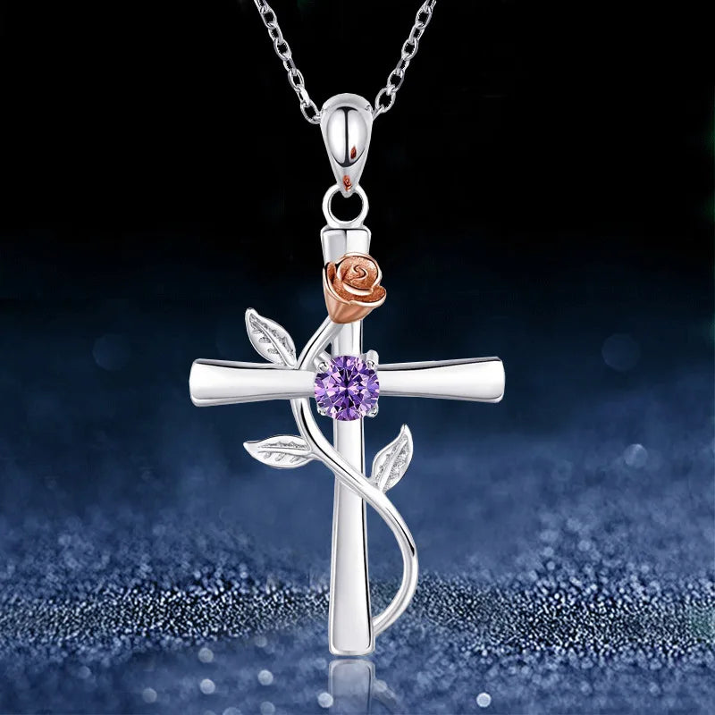 Rose cross-shaped zircon necklace for women featuring a flower cross pendant on a delicate chain, suitable as stylish jewelry accessory