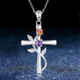 Rose cross-shaped zircon necklace for women featuring a flower cross pendant on a delicate chain, suitable as stylish jewelry accessory