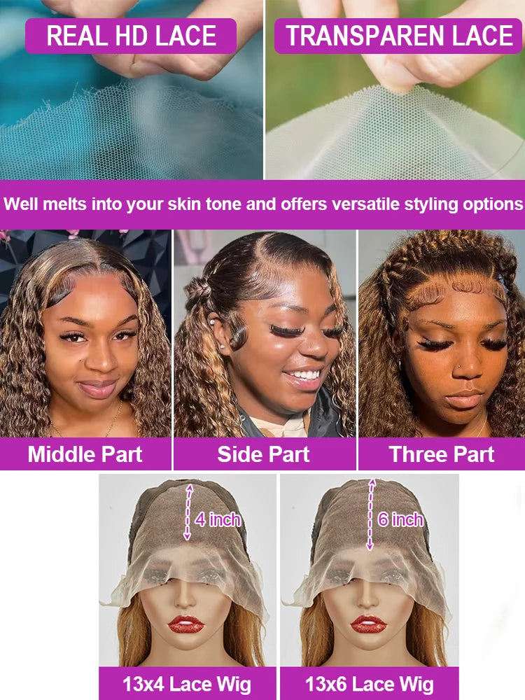 Highlight Brown Wig 13x4 HD Transparent Human Hair Deep Wave Frontal Wig Hd Lace Wigs 30 36 Inch Burmese Curly Wigs P4/27 Colored Water Wave 13x6 Full Lace Wig Wet and Wavy Lace Frontal Wigs Bleached Knot 250% Density ﻿