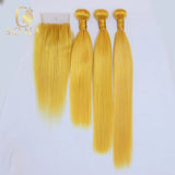 Yellow straight human hair bundles with 4x4 lace closure, sew-in wefts, 100% human hair, by HSF Marketplace