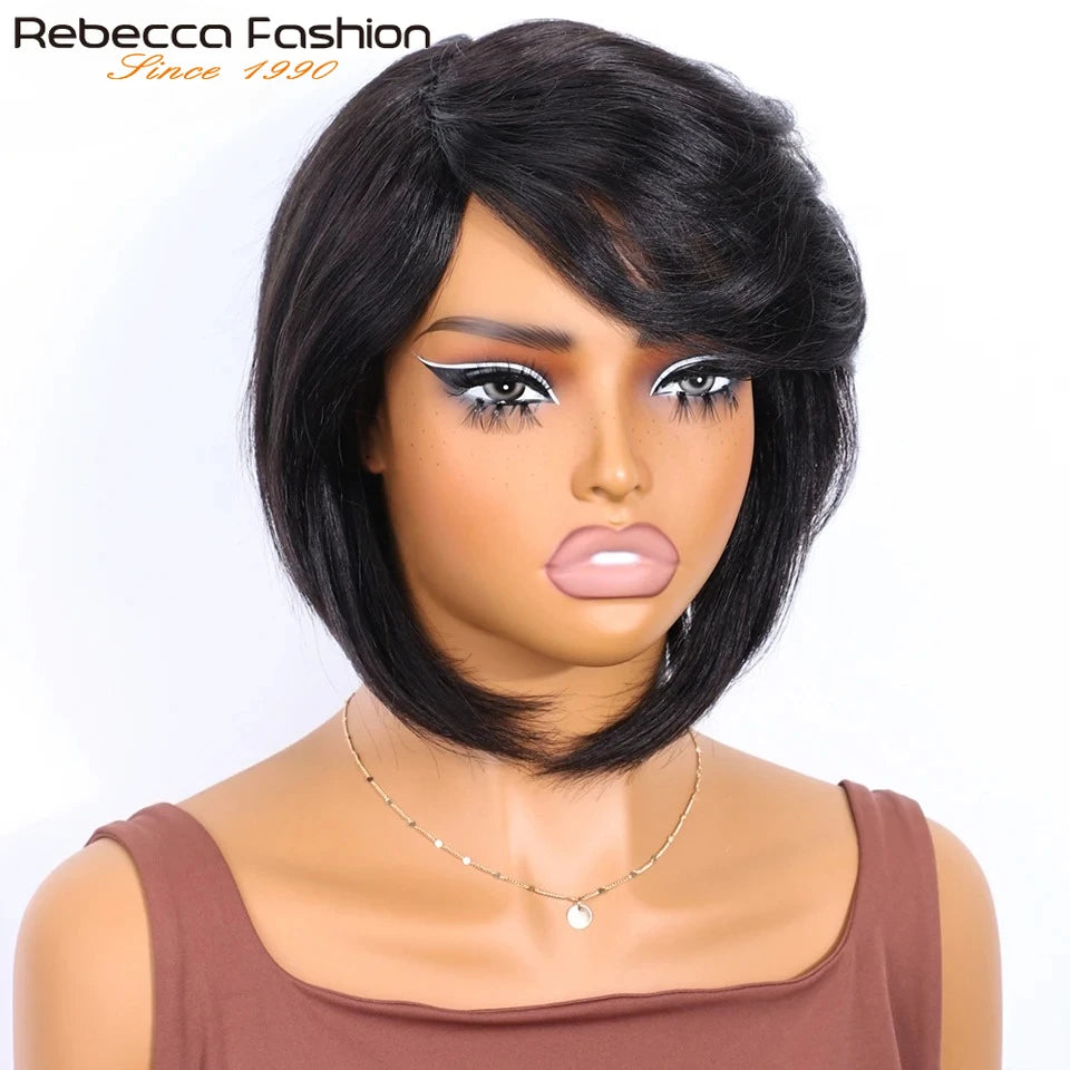 Rebecca Brazilian short straight bob human hair wig with bangs, side part, full machine-made, designed for black women.