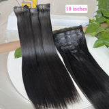 Raw unprocessed #1B natural human hair clip-in extensions, 7-piece seamless straight PU weft set
