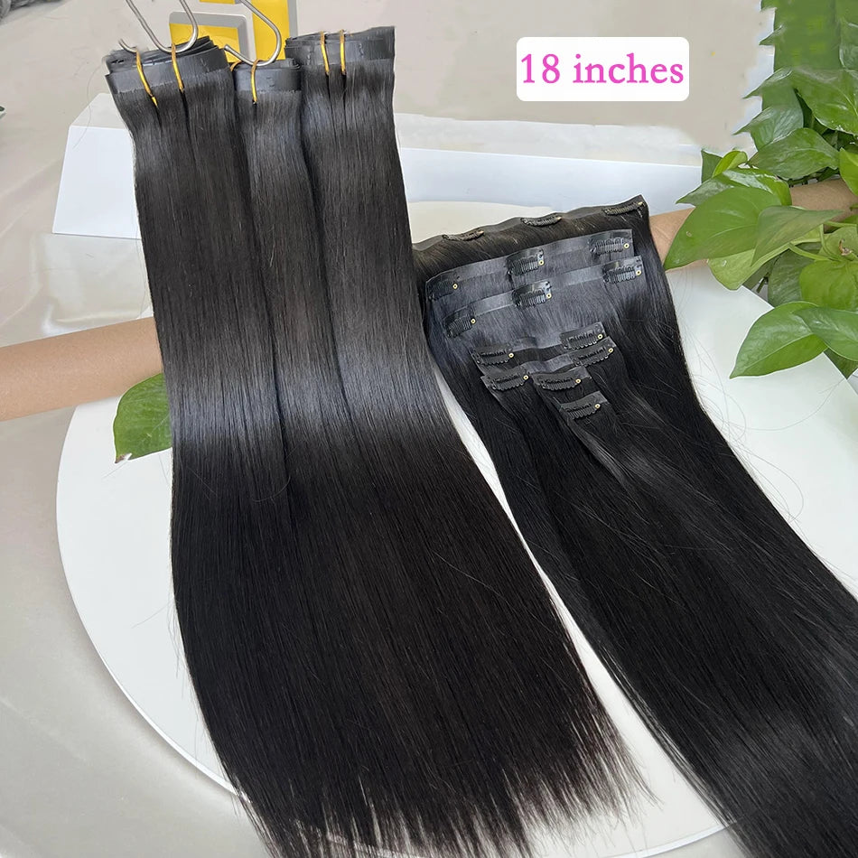Raw unprocessed #1B natural human hair clip-in extensions, 7-piece seamless straight PU weft set
