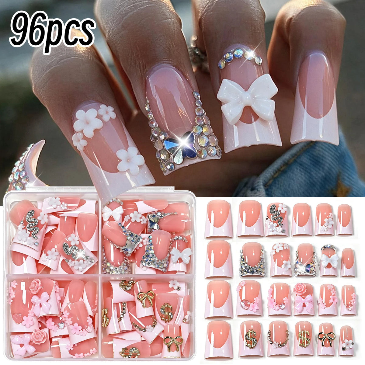 96-piece short square glossy glitter cat eye French press-on false nails in four colors by HSF Marketplace