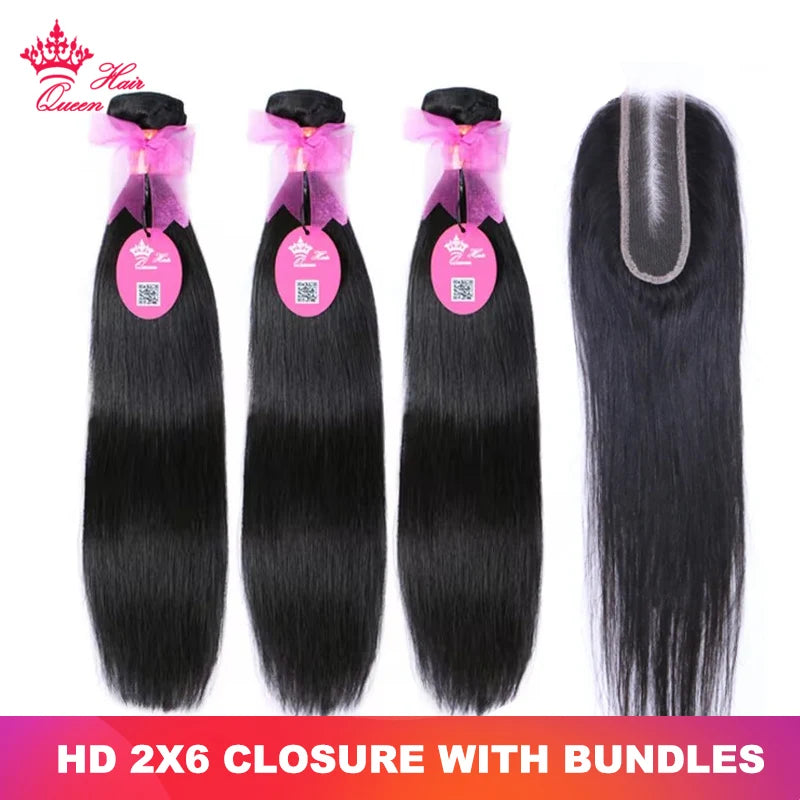 Brazilian virgin human hair bundles with HD lace closure, straight texture, from HSF Marketplace, featuring 2x6 HD closure and natural shine.
