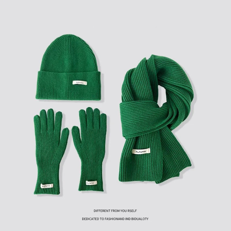 Women's winter warm knitted hat, scarf and gloves set in a coordinated cold-weather style