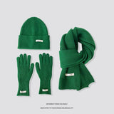 Women's winter warm knitted hat, scarf and gloves set in a coordinated cold-weather style