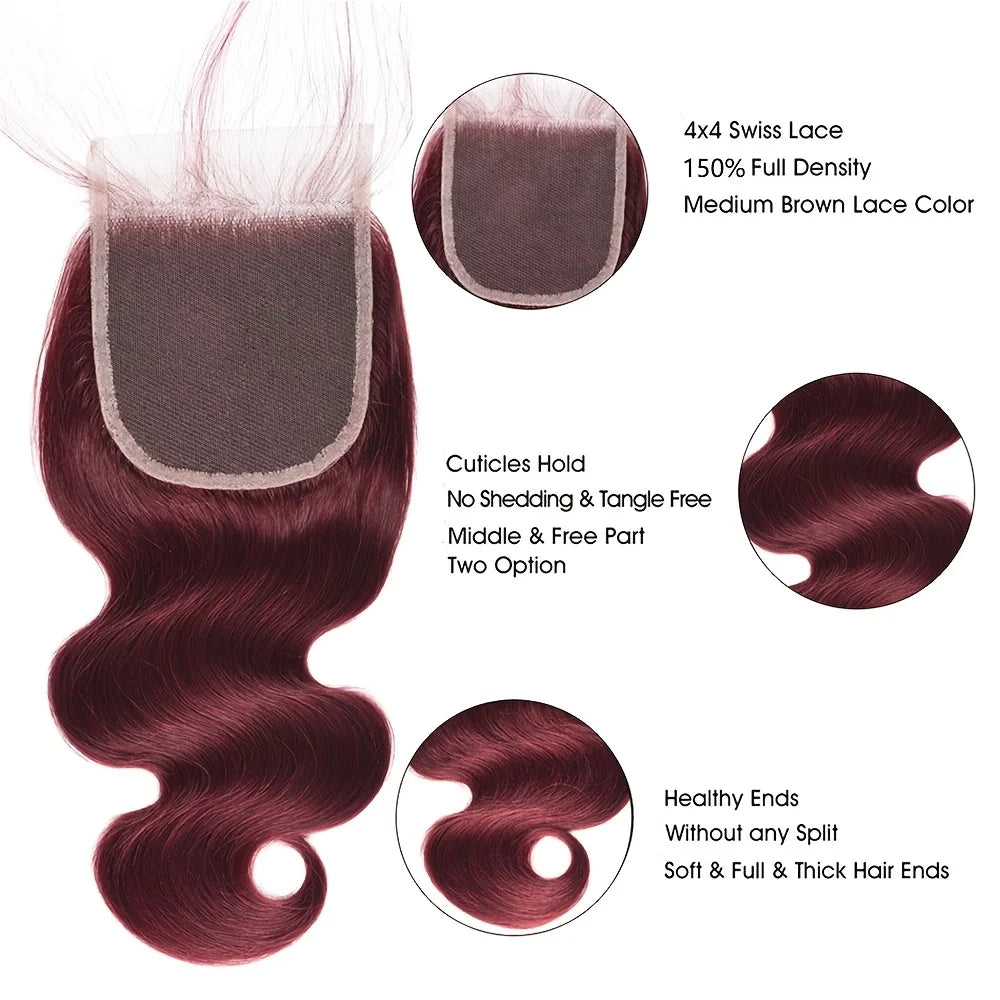 Body Wave Human Hair Bundles With Closure 5x5 And Colored Burgundy Red 3/4 Bundles With Lace Closure 99J Brazilian Hair Bundles