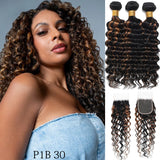 100% Human Hair Bundles With Closure Deep Wave Bundles With 4x4 HD Lace Closure Ombre Wet and Wavy Deep Curly Hair With Closure