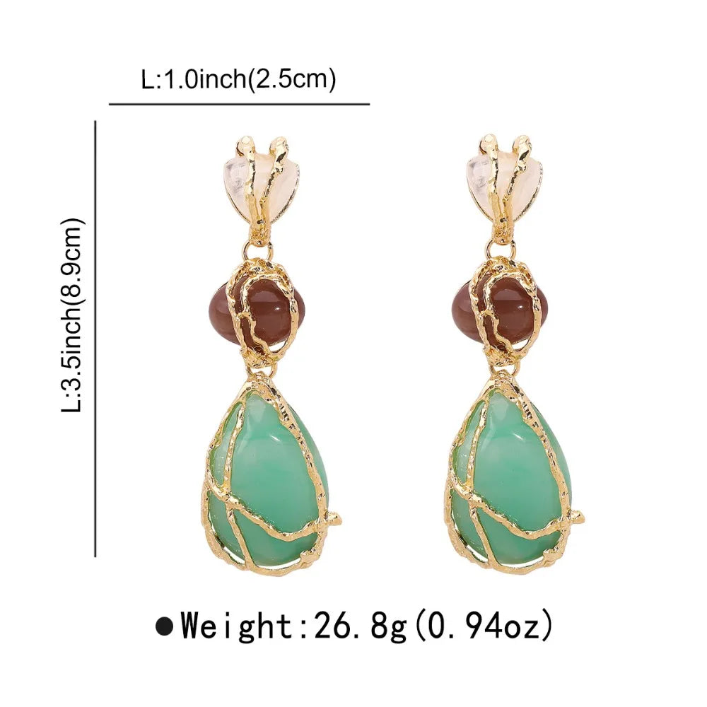 Fashion Natural Resin Waterdrop Metal Mesh Earrings For Women Retro Crystal Geometric Dangle Earrings Party Jewelry Boho Gifts