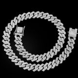 Gold Cuban link chain with rhinestone accents, 16 to 24 inches, 2-row rhombus prong design, unisex hip hop jewelry.