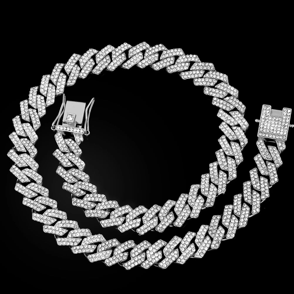 Gold Cuban link chain with rhinestone accents, 16 to 24 inches, 2-row rhombus prong design, unisex hip hop jewelry.