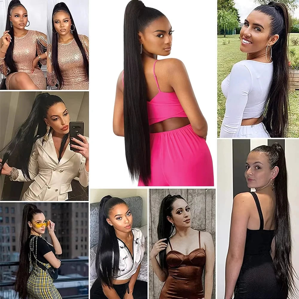 HSF Marketplace human hair drawstring ponytail extension, natural silky straight Remy clip-in hairpiece