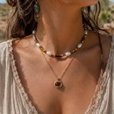 Retro 3 Layers Gold Plated Tiger Eye Stone Necklace For Women Boho Sun Zircon Sun Pendant Beaded Stackable Choker Party Jewelry