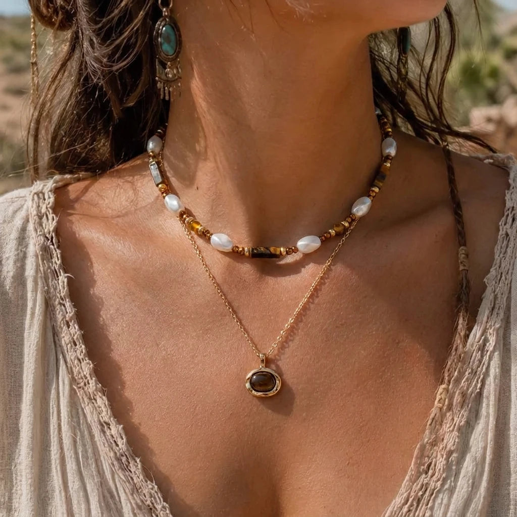 Retro 3 Layers Gold Plated Tiger Eye Stone Necklace For Women Boho Sun Zircon Sun Pendant Beaded Stackable Choker Party Jewelry