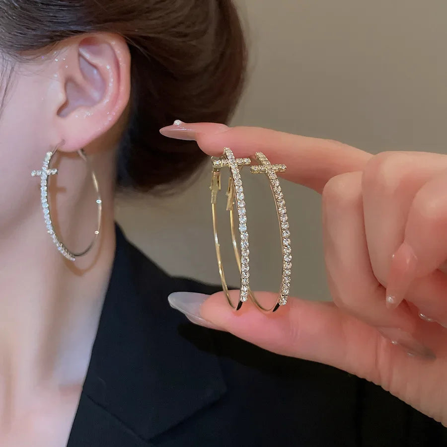 Shiny big circular cross hoop earrings for women with rhinestones, geometric design, HSF jewelry