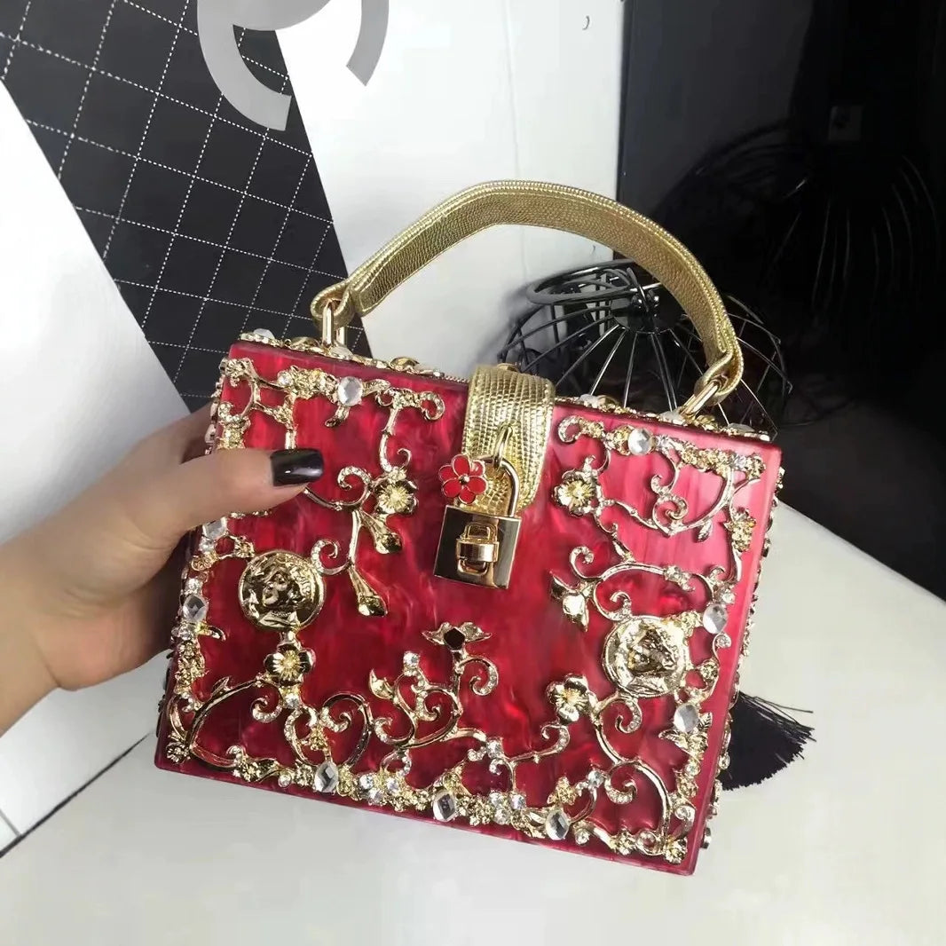 Acrylic dinner bag by HSF Marketplace with engraved metal details and diamond accents