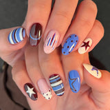 24-piece almond shape false nails with brown stripes and pink flowers, wearable full-cover acrylic nail tips