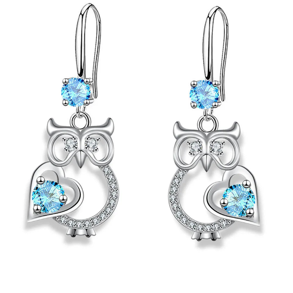 Cute silver owl drop earrings for women with colorful zircon accents by HSF Marketplace