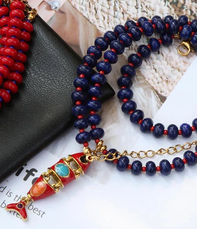 Beaded necklace with red and blue natural stones, multi-layer design, stainless steel fish pendant, glazed finish, jewelry by HSF Marketplace