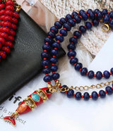 Beaded necklace with red and blue natural stones, multi-layer design, stainless steel fish pendant, glazed finish, jewelry by HSF Marketplace