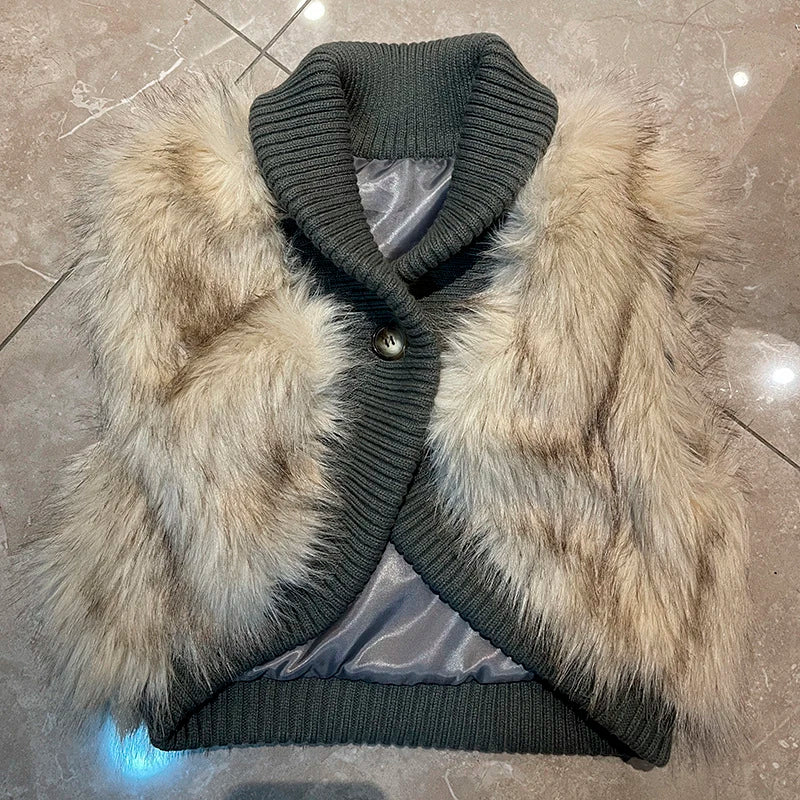 Women's fluffy faux fur knitted sleeveless cropped vest by HSF Marketplace, furry autumn winter waistcoat