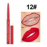 Waterproof matte lipliner pencil in sexy red with moisturizing formula, shown with lip makeup and 12 color options.