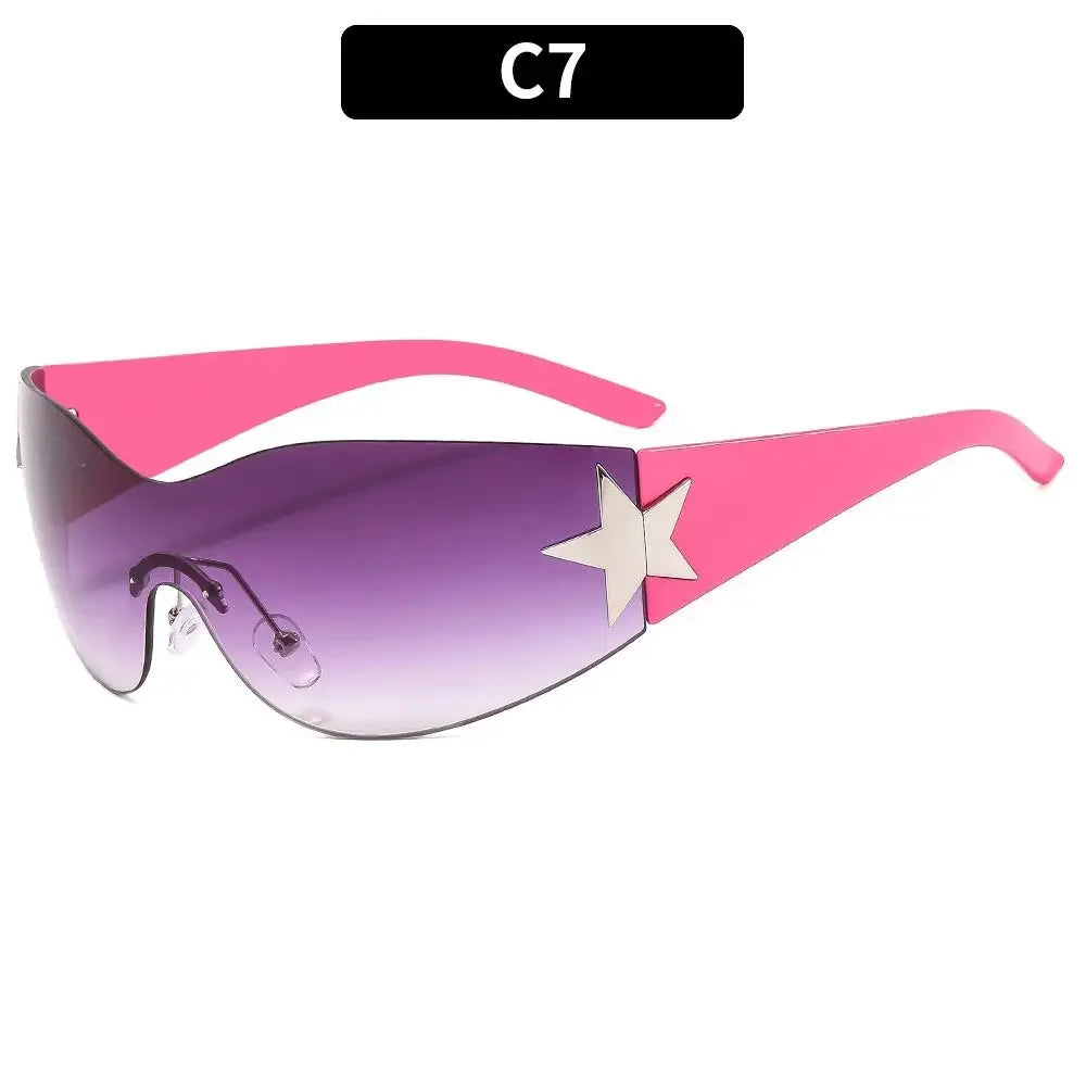 Y2K rimless punk sunglasses by HSF Marketplace, wrap-around sporty eyewear with a sleek, one-piece design for women and men.