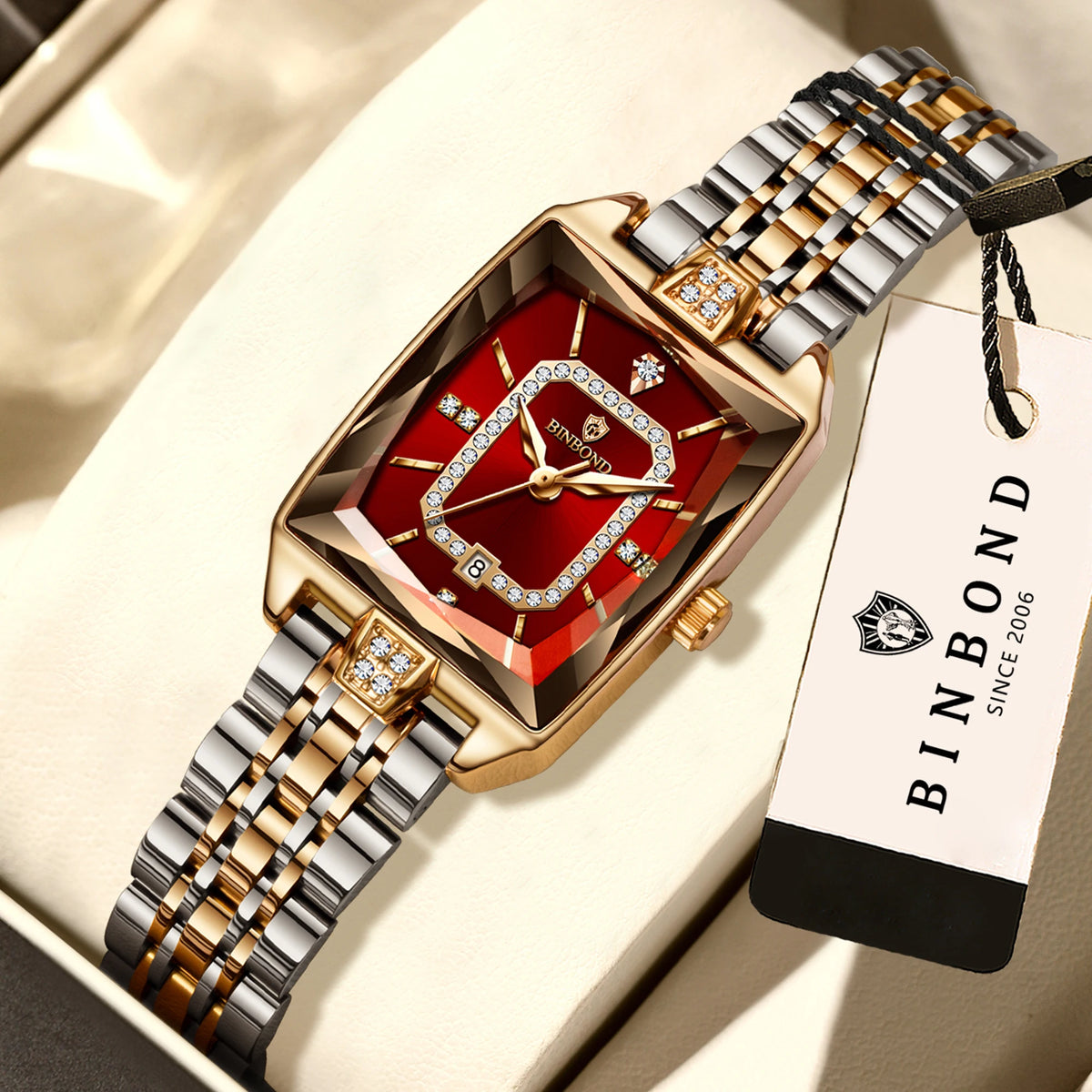BINBOND Zircon Luxury Reloj Original Waterproof Sturdy Auto Date Women's Watches Ladies Wristwatch Quartz Watch For Women