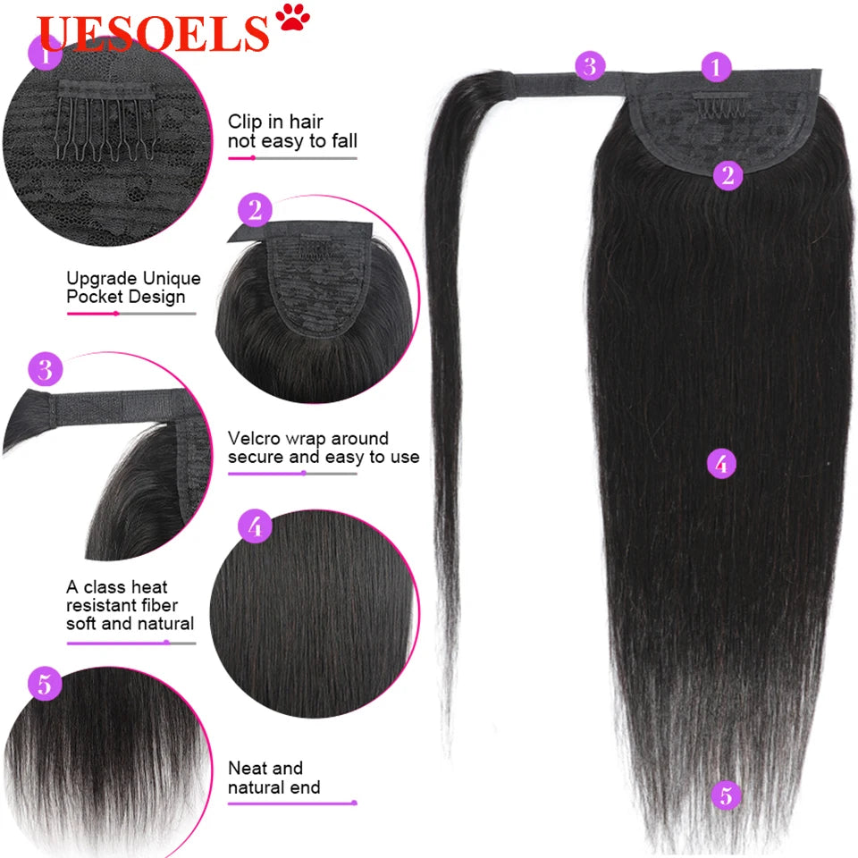 Long straight natural Remy human hair wrap-around ponytail extension hairpiece in natural color