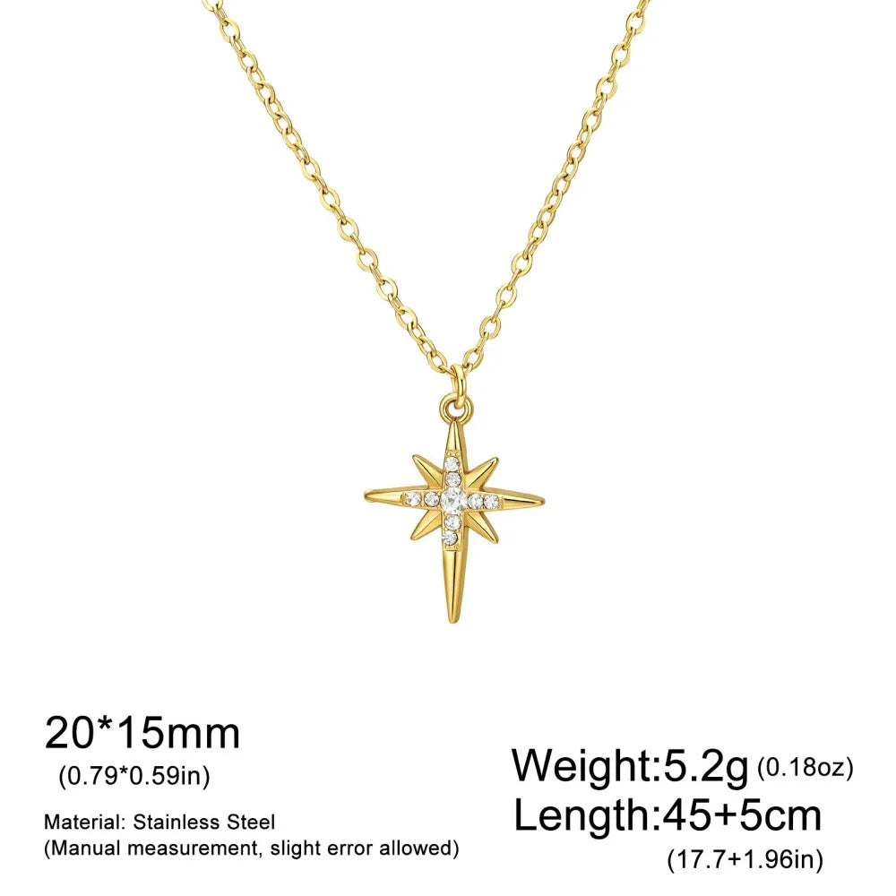 Gold stainless steel North Star pendant necklace for women featuring zircon accents, waterproof jewelry with a star-shaped design.