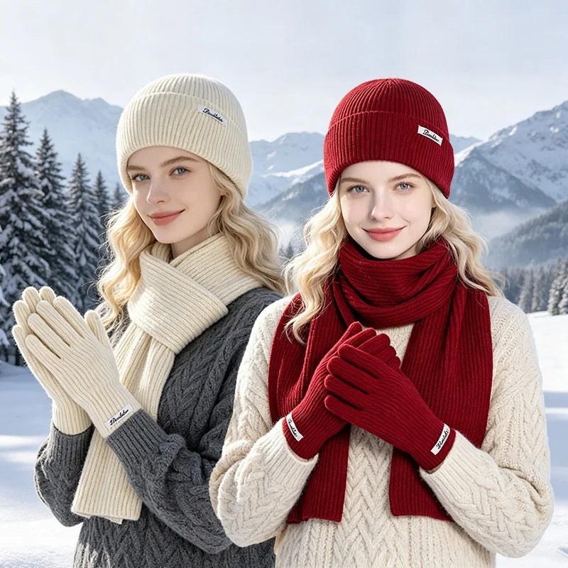 Winter knitted beanie, scarf and touch screen gloves set in coordinated cold-weather style