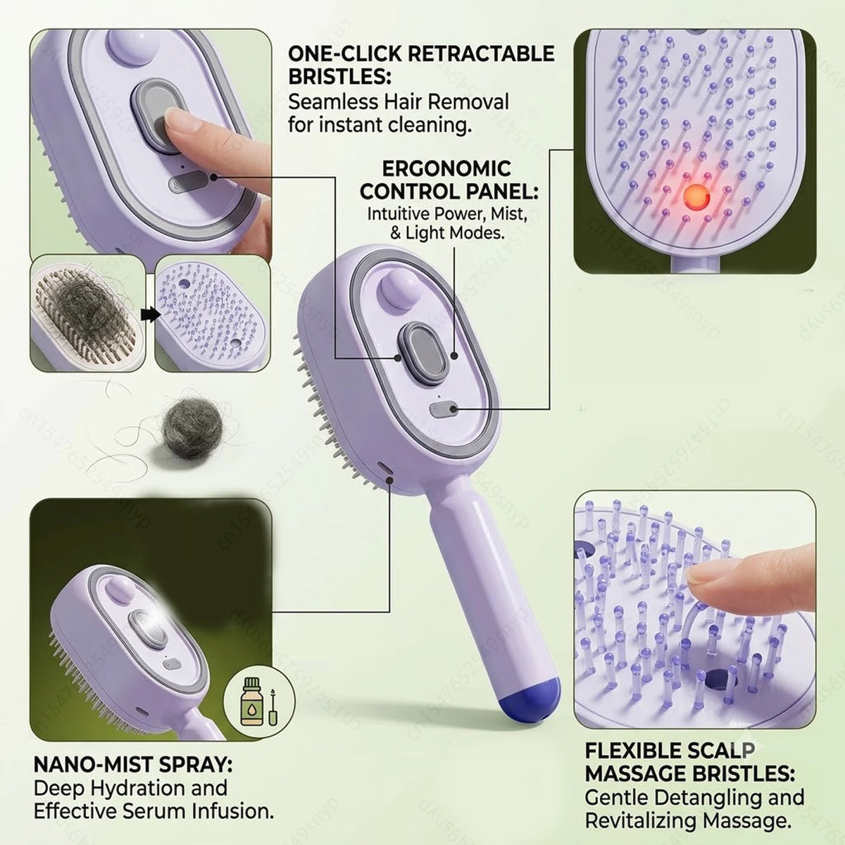Professional R&D Spray Hair Brush 2-In-1 Misting Hair Brush with Water Spray Reduce Frizz Anti-Static Retractable Steam Massage