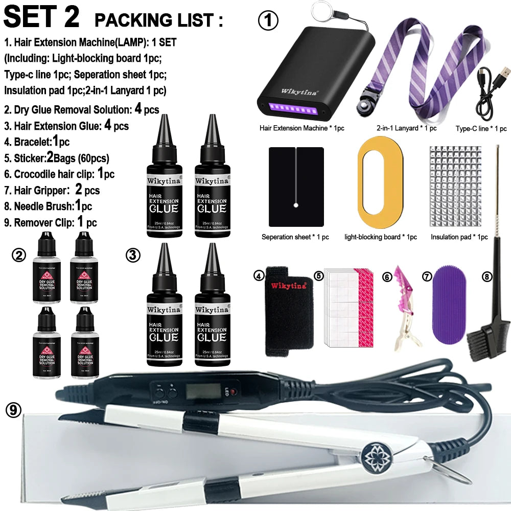 Professional hair extensions kit with UV light glue and styling tools from HSF Marketplace