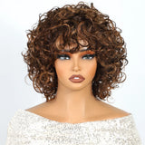 Pixie curly human hair wig by HSF Marketplace featuring highlights, short Jerry curls, bouncy Brazilian Remy hair, easy wear style.