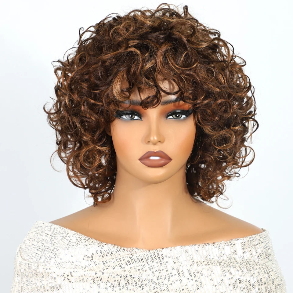 Pixie curly human hair wig by HSF Marketplace featuring highlights, short Jerry curls, bouncy Brazilian Remy hair, easy wear style.
