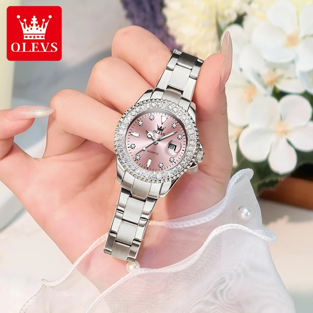 OLEVS 9945 Luxury Women Original Quartz Movement Watch Diamond Scale Stainless Steel Bracelet Luminous Function 30M Waterproof Watch