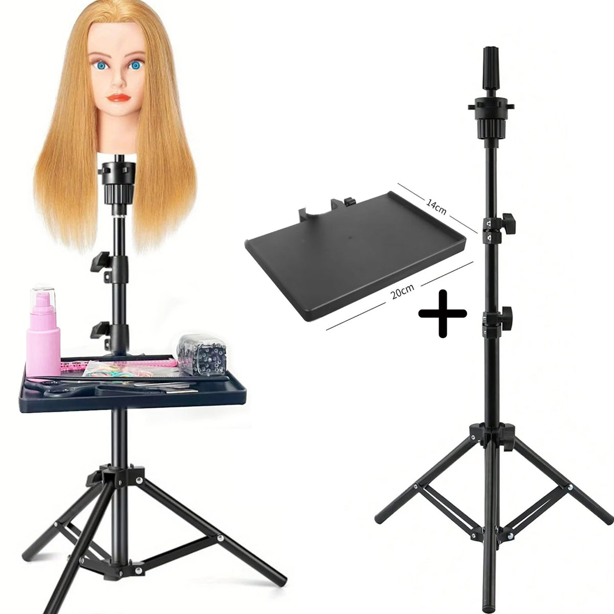 Wig Head Stand With Stand Tray Set, Adjustable Wigs Stand Tripod for Cosmetology Hairdressing Training, Head Block Set for Wigs